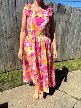 Sun-kissed print off shoulder Bright Pink & Yellow Dress